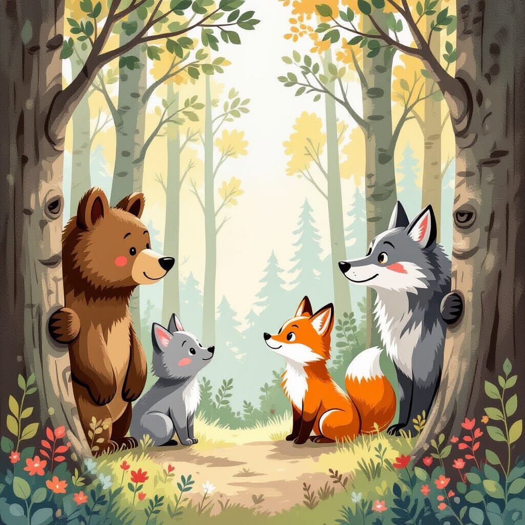 Whimsical Forest Animals Peek from Behind Trees