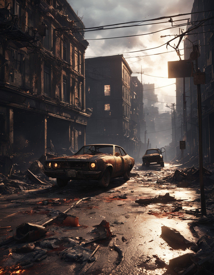 Desperate Survivors Fend Off Zombies in a Dark, Ruined Citys...