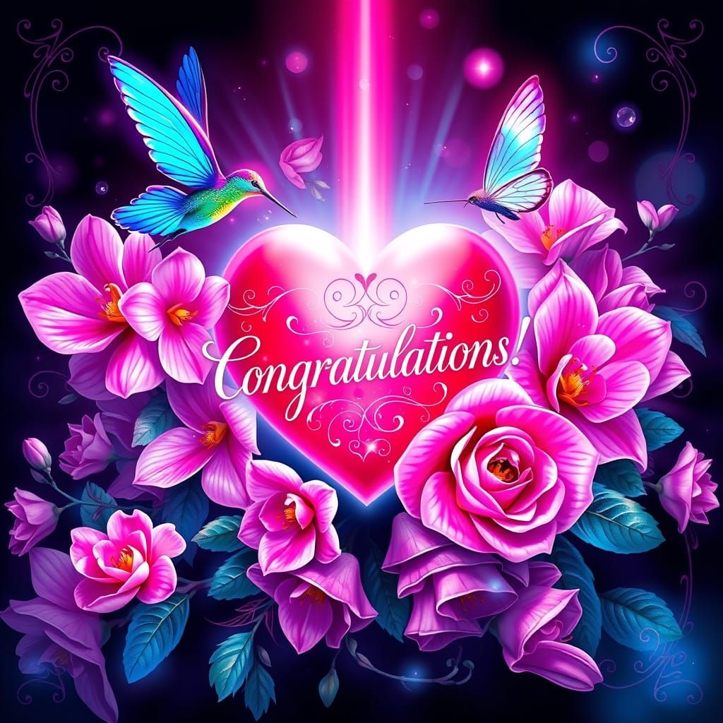 A romantic and elegant digital artwork with a glowing heart centerpiece. The heart has the name "CONGRATULATIONS!" writt...