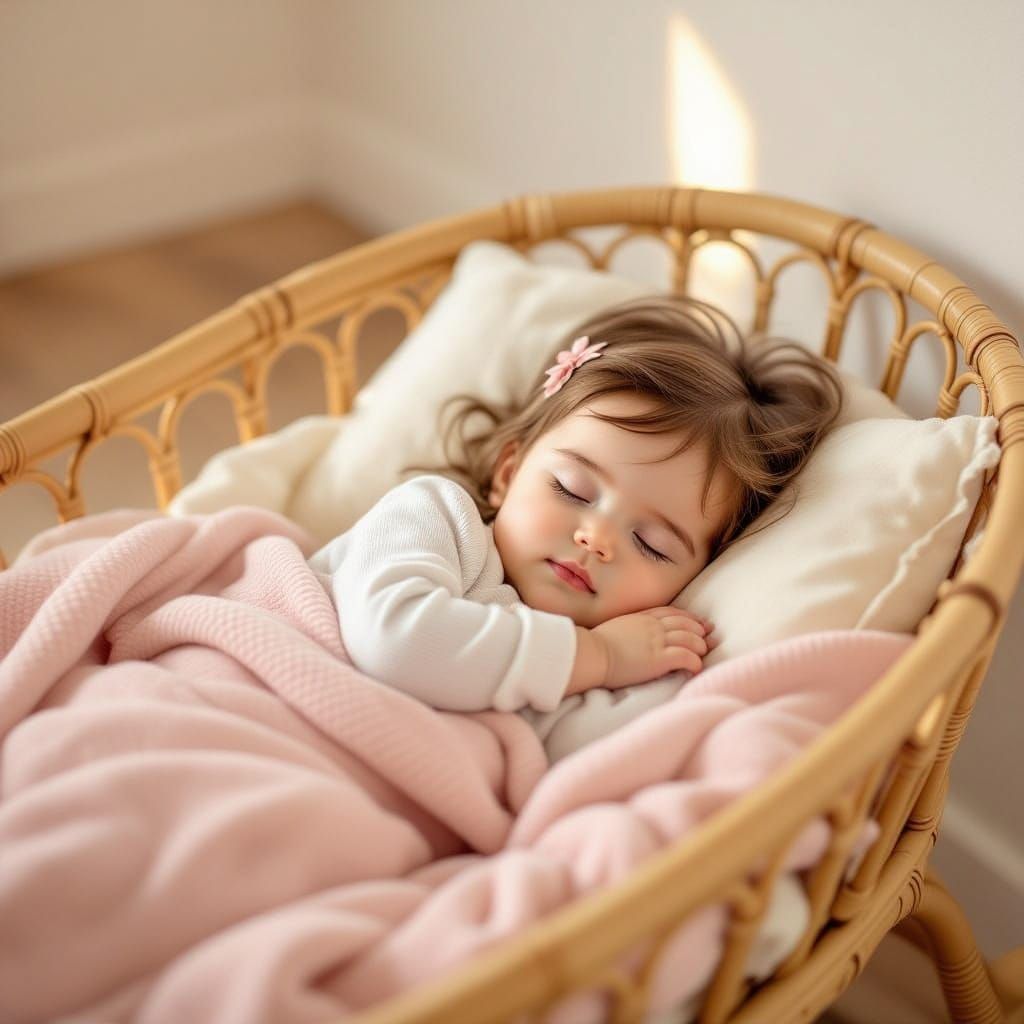 Baby Girl Sleeping Peacefully in Bamboo Cradle