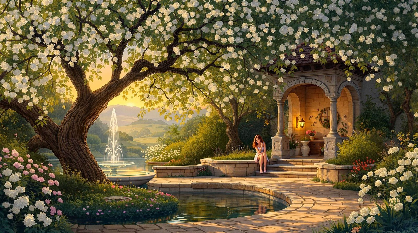 Peaceful Italian Garden Scene with Blooming Olive Tree