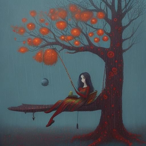 Girl on Tree Swing in Rain, Pop Surrealism