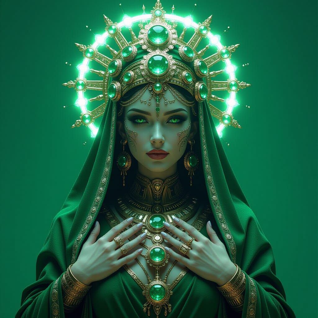Cybernetic Mother Goddess with Emerald Orbs