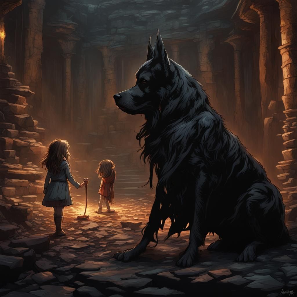 Eternal Bond: Girl and Dog in Dark Fantasy Art