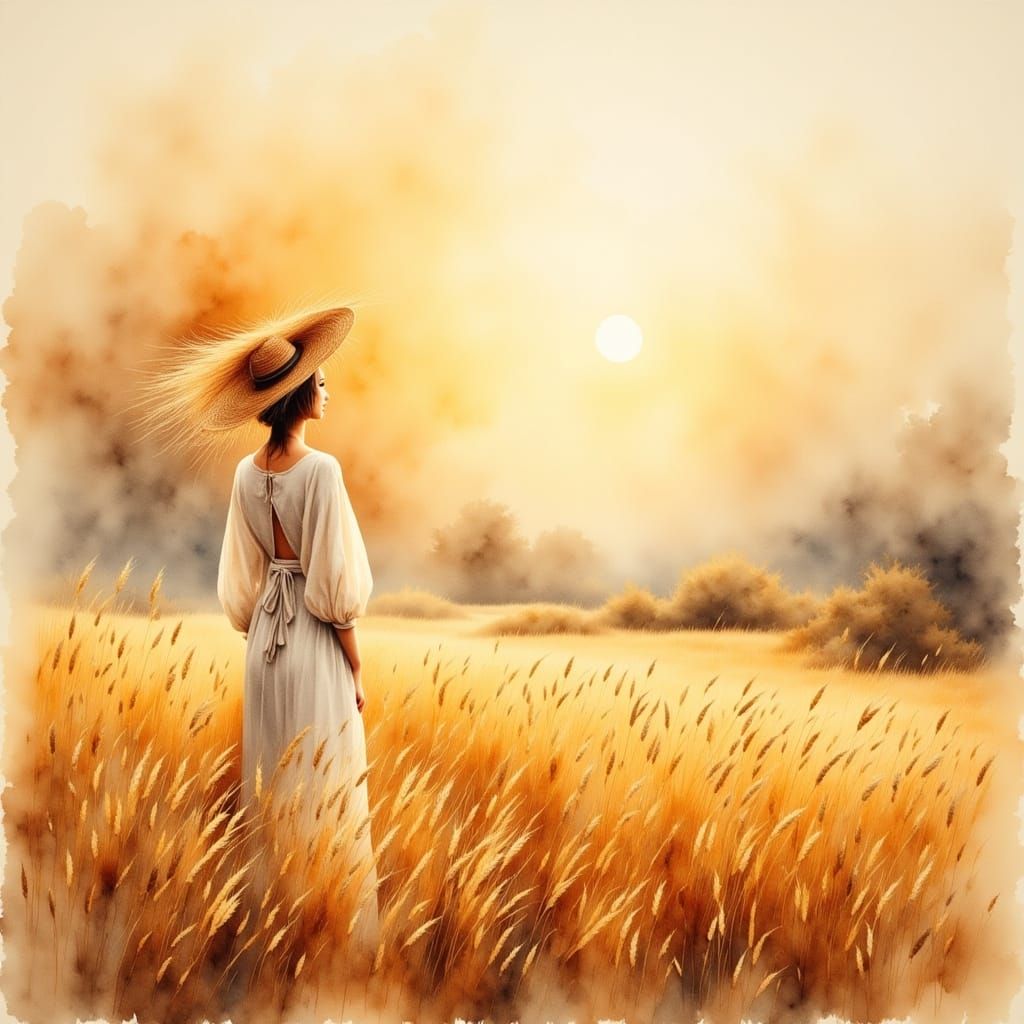 Twilight Wheat Field in Watercolor Style