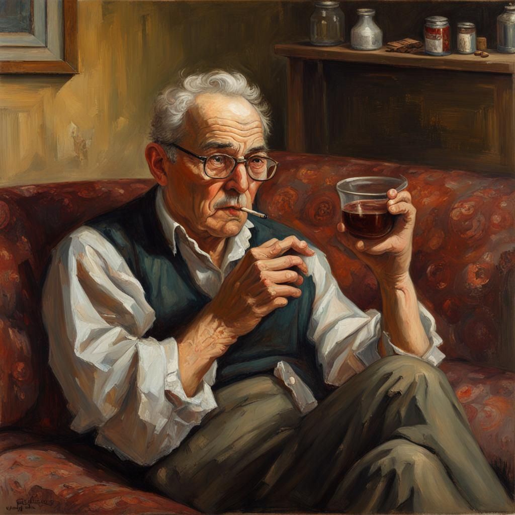 Contemplative Man Watching TV: Oil Painting