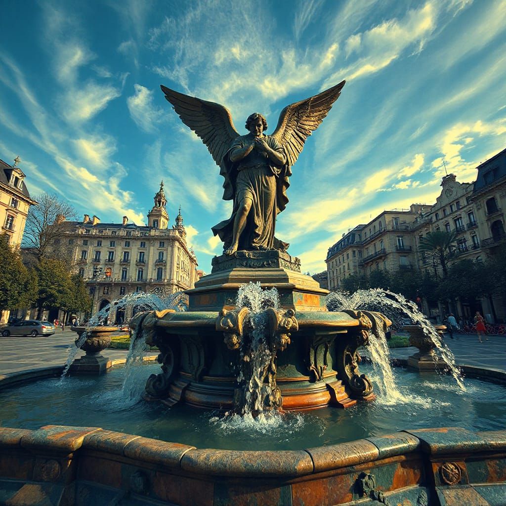 Impressionist Statue of Fallen Angel Fountain in Madrid
