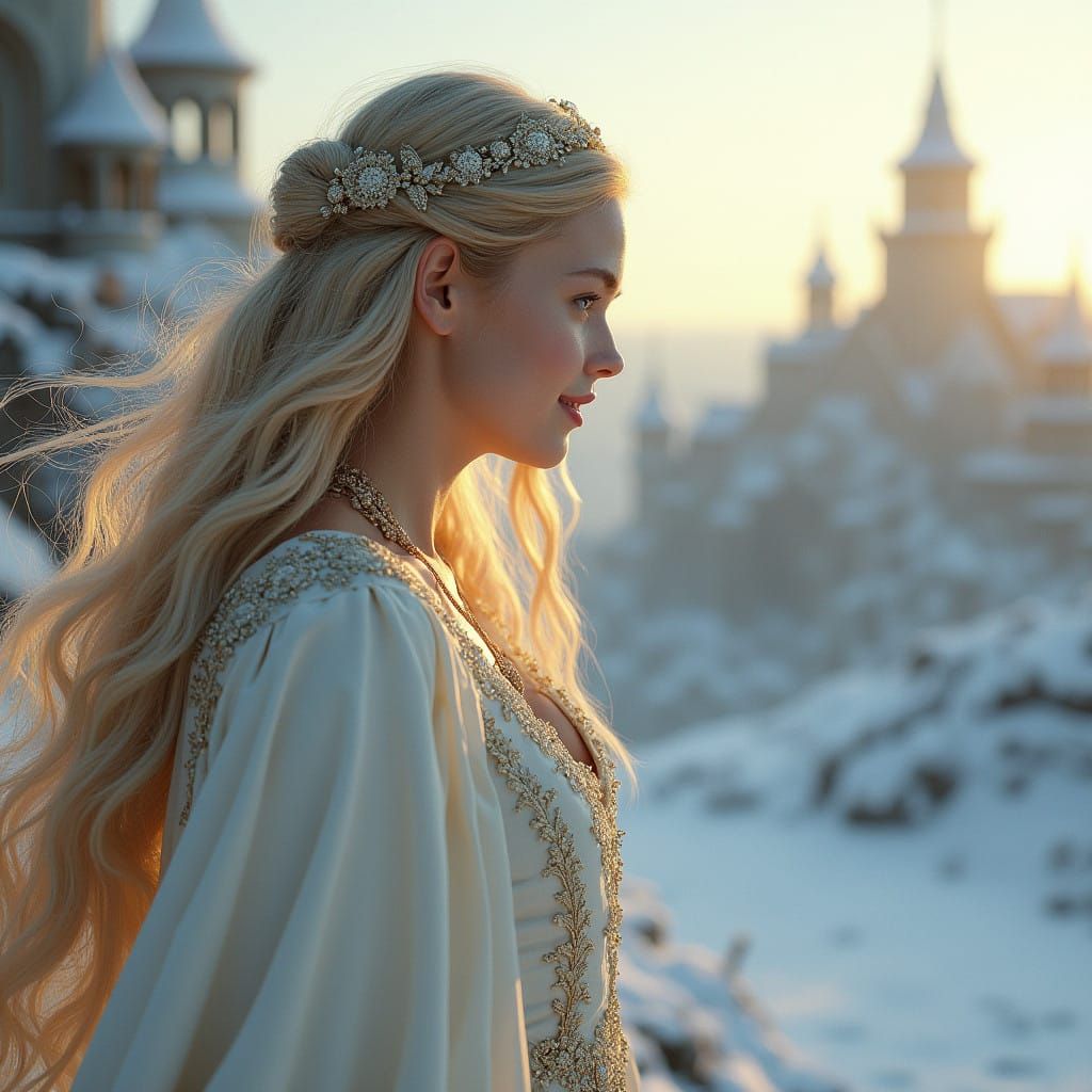 Young Regal Beauty Surveys Her Winter Kingdom