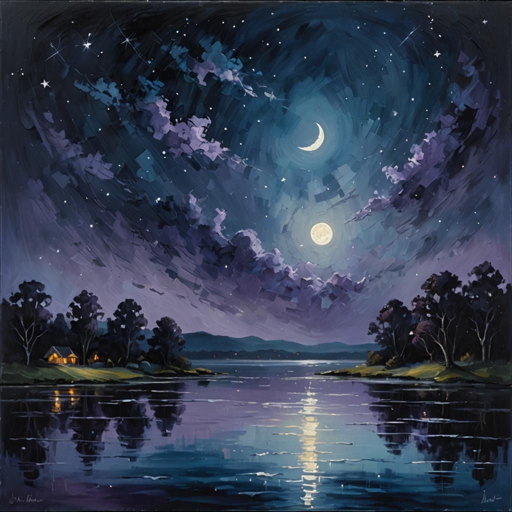 Nocturne Oil Painting: Crescent Moon and Stars