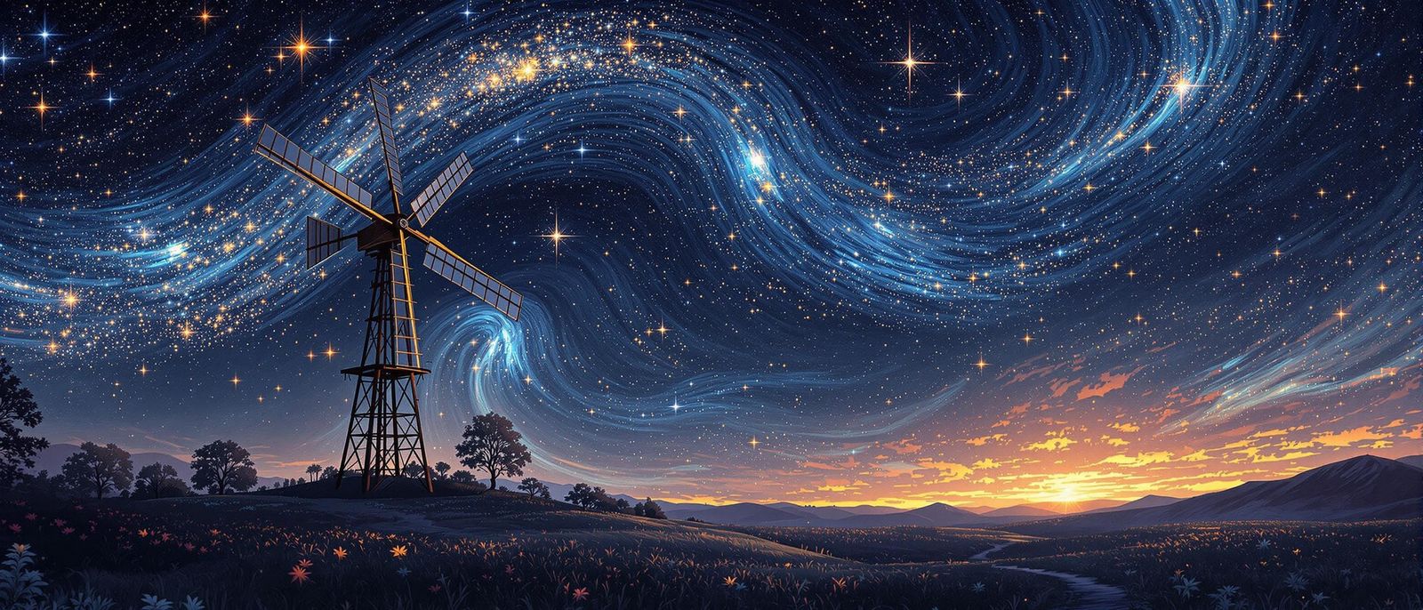 Starry Windmill Masterpiece in Vibrant Van Gogh Style