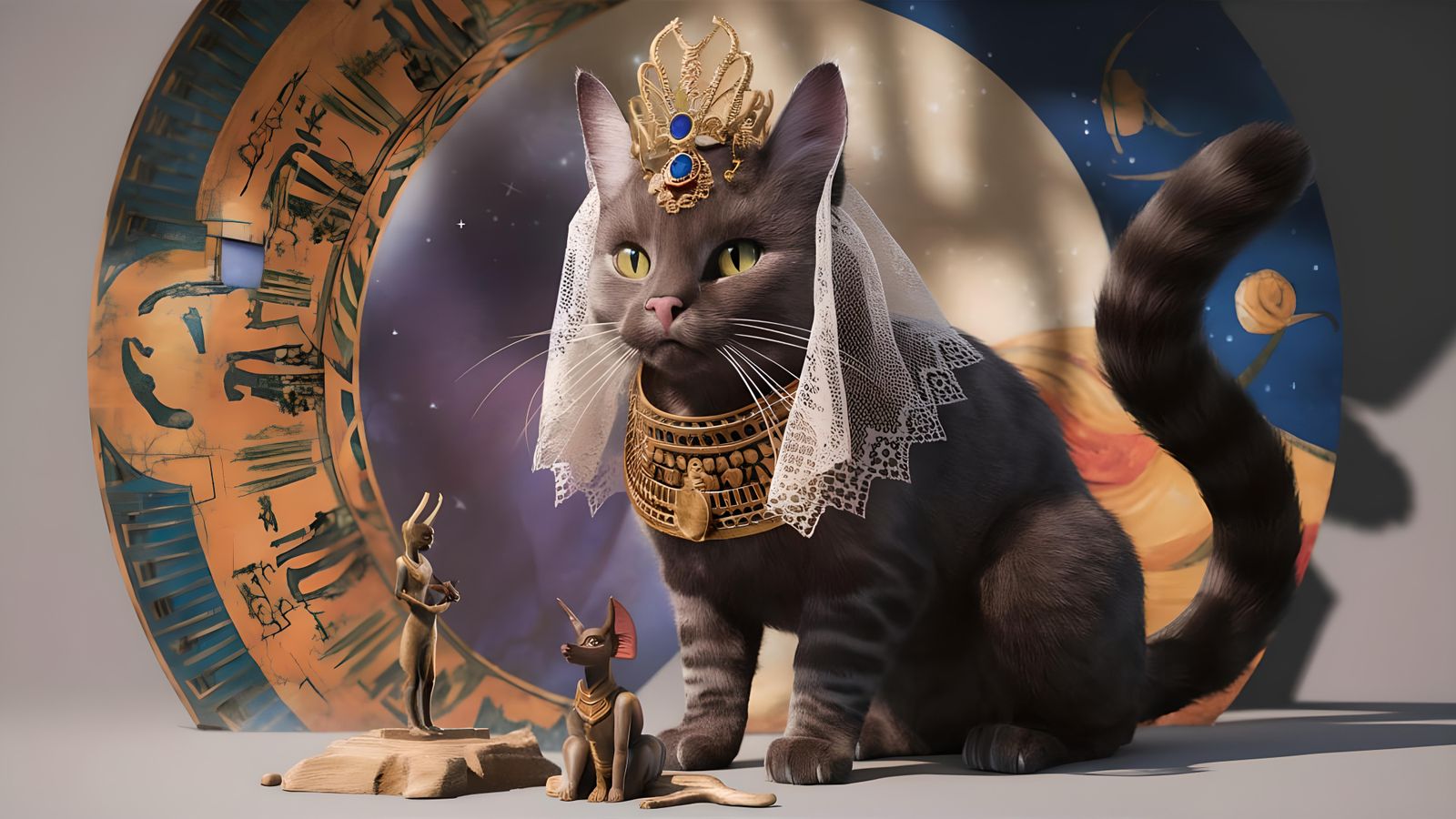 Egyptian Mau Cat Guarding Anubis Figure in 3D Render