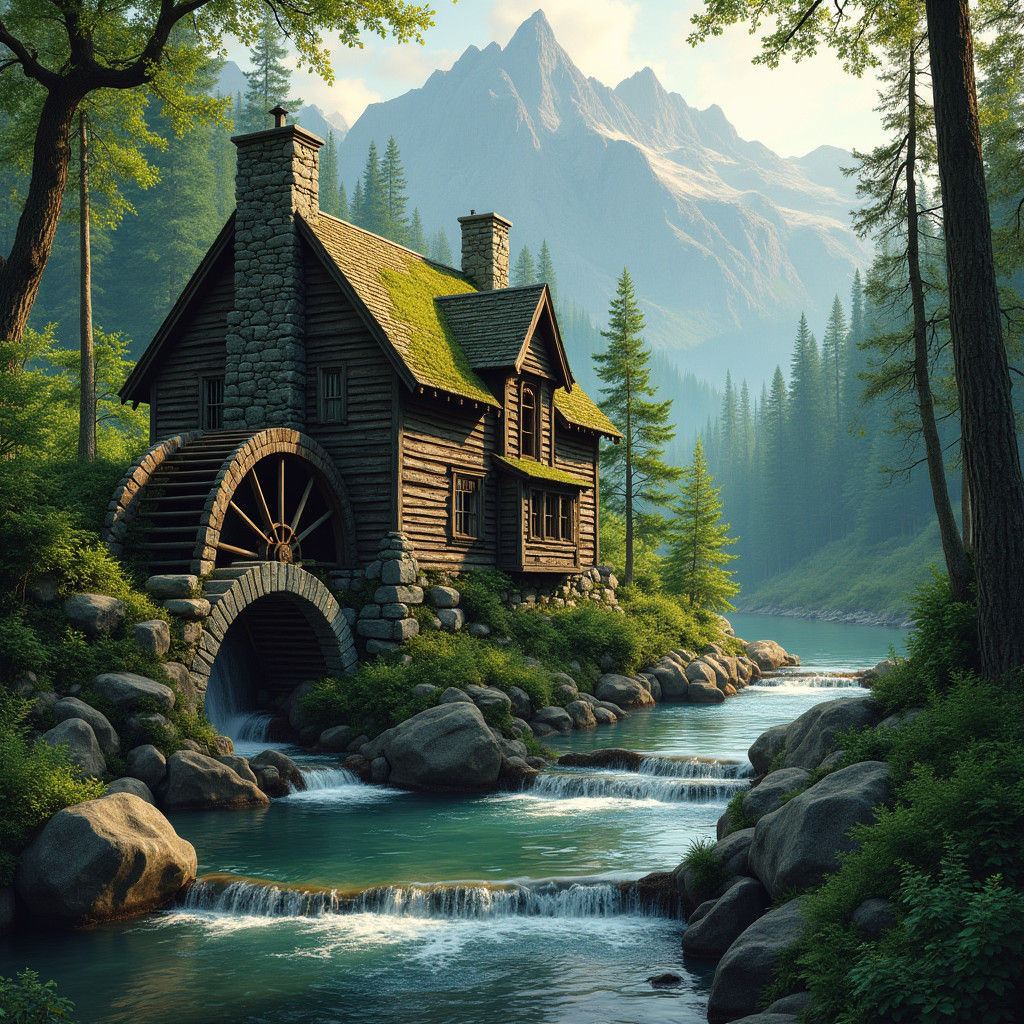 Rustic Mill House in Forest, Bierstadt Style