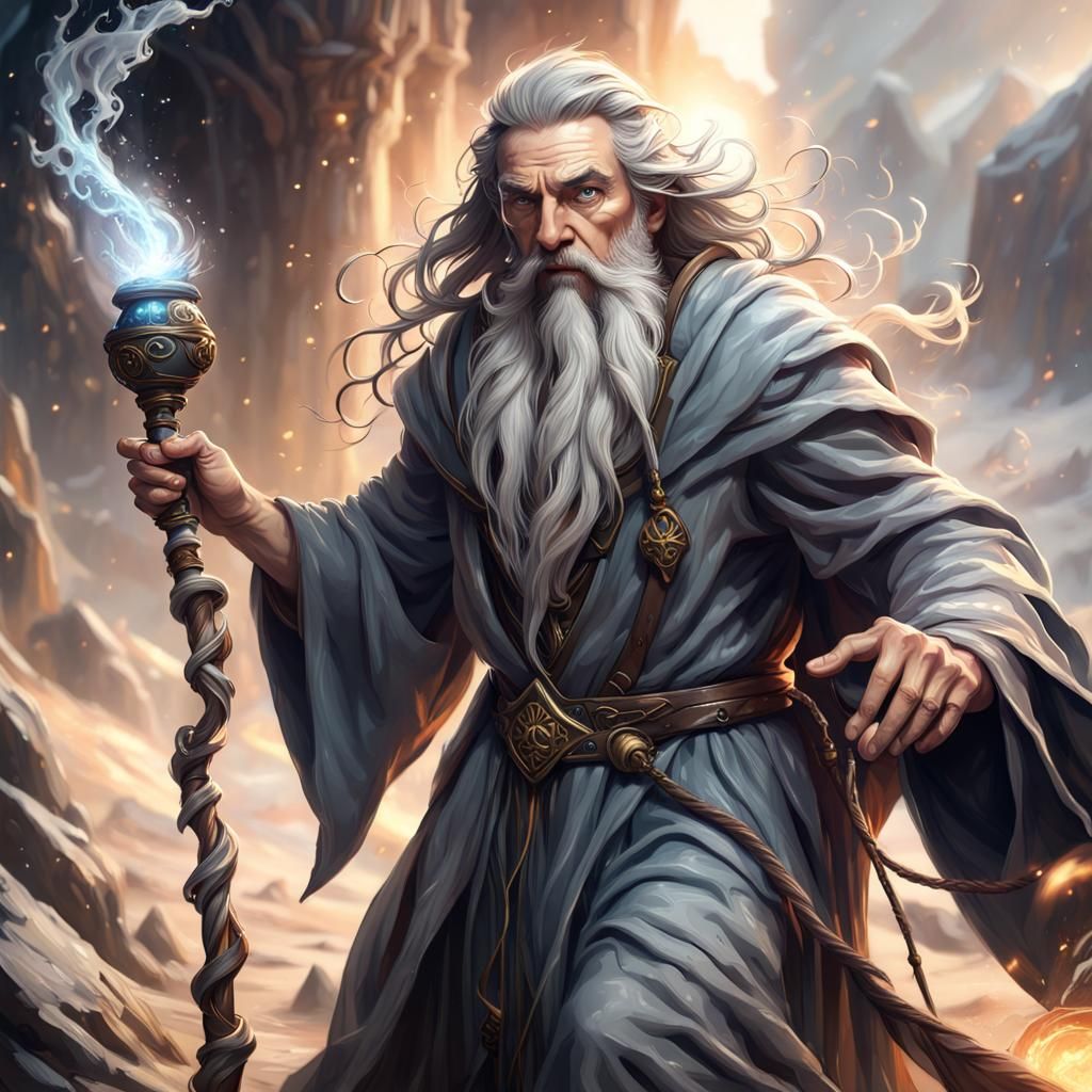 Grey Wizard Powers Wind Spell in Fantasy Art