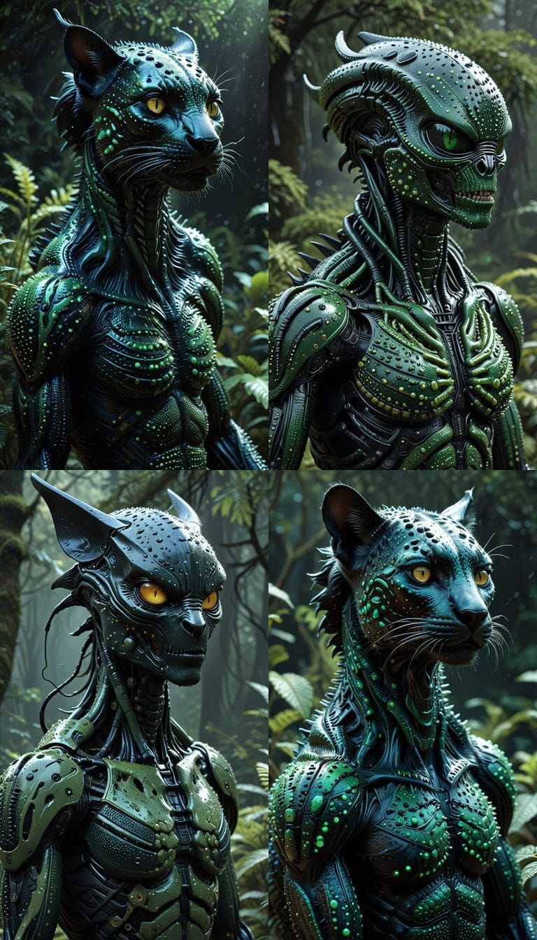 Photorealistic Xenomorph Panther Hybridization in Pointillis...