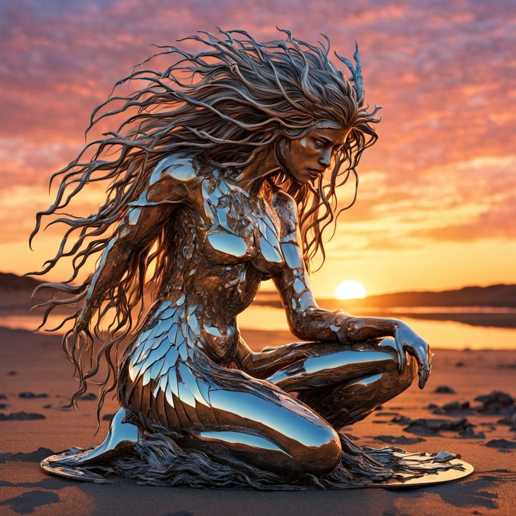 Bio Art Sculpture: Kneeling Figure at Sunset