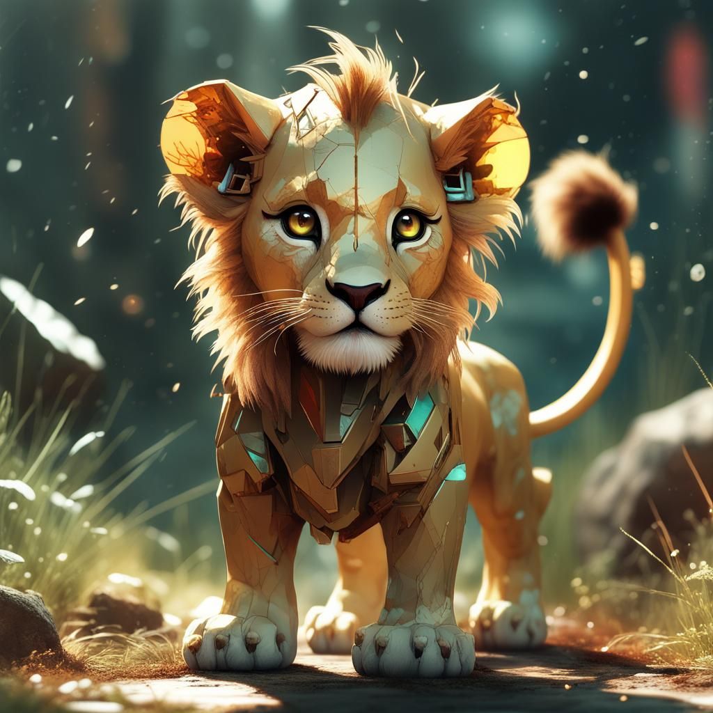 Chibi Lion with Opulent Eyes, Hyperdetailed Digital Art