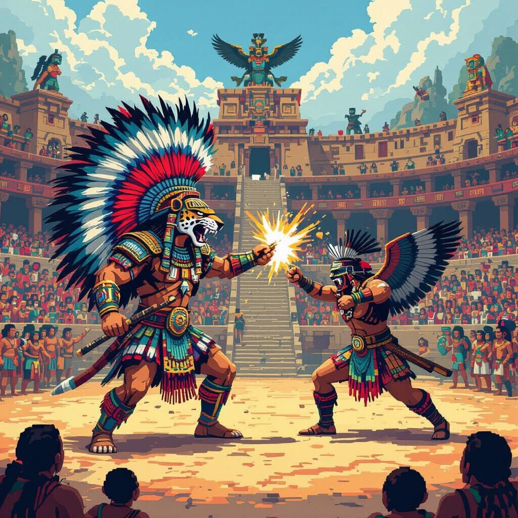 Aztec Warriors Clash in Pixel Art Arena