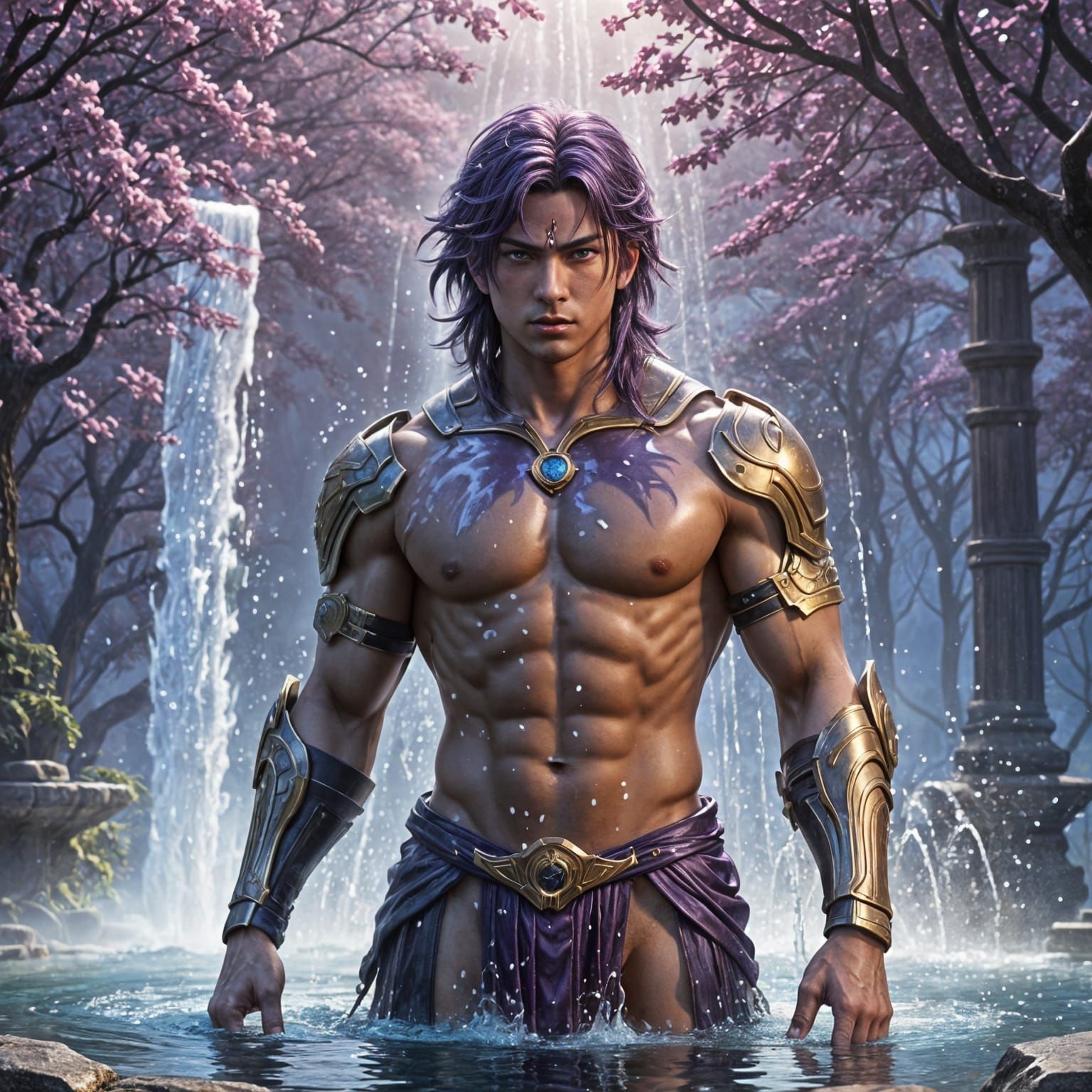 Epic Anime Samurai Prince in a Majestic Fountain