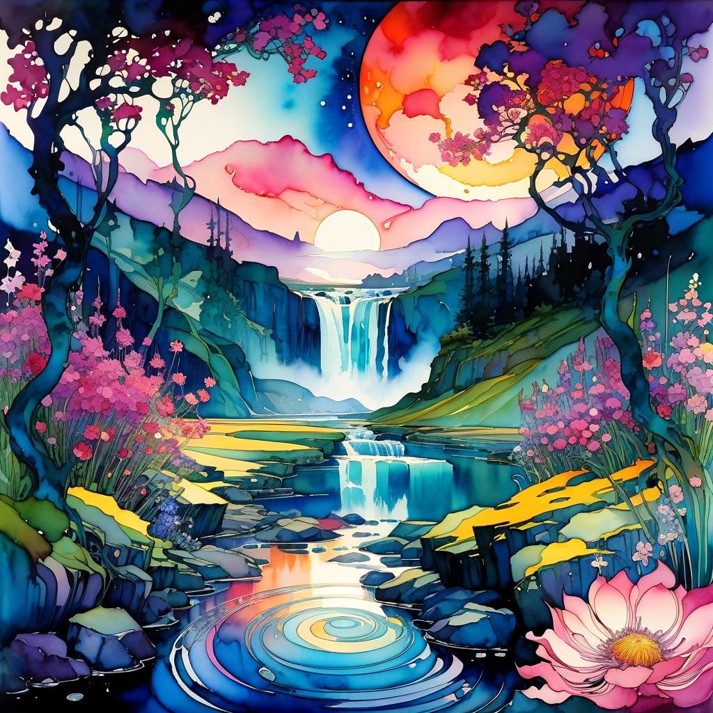 Dreamscape Waterfall with Alien Planets in Watercolor