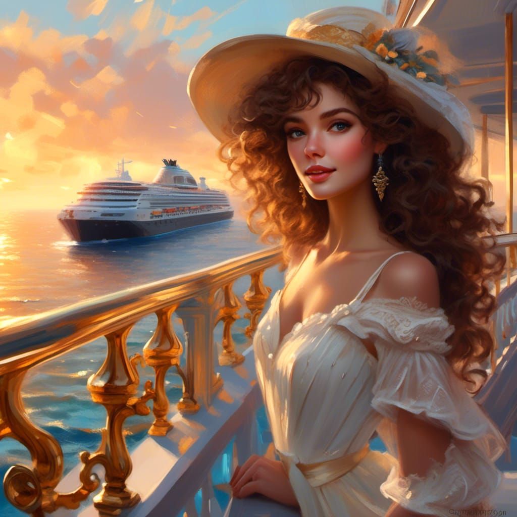 Smiling Woman on Cruise Ship at Sunset