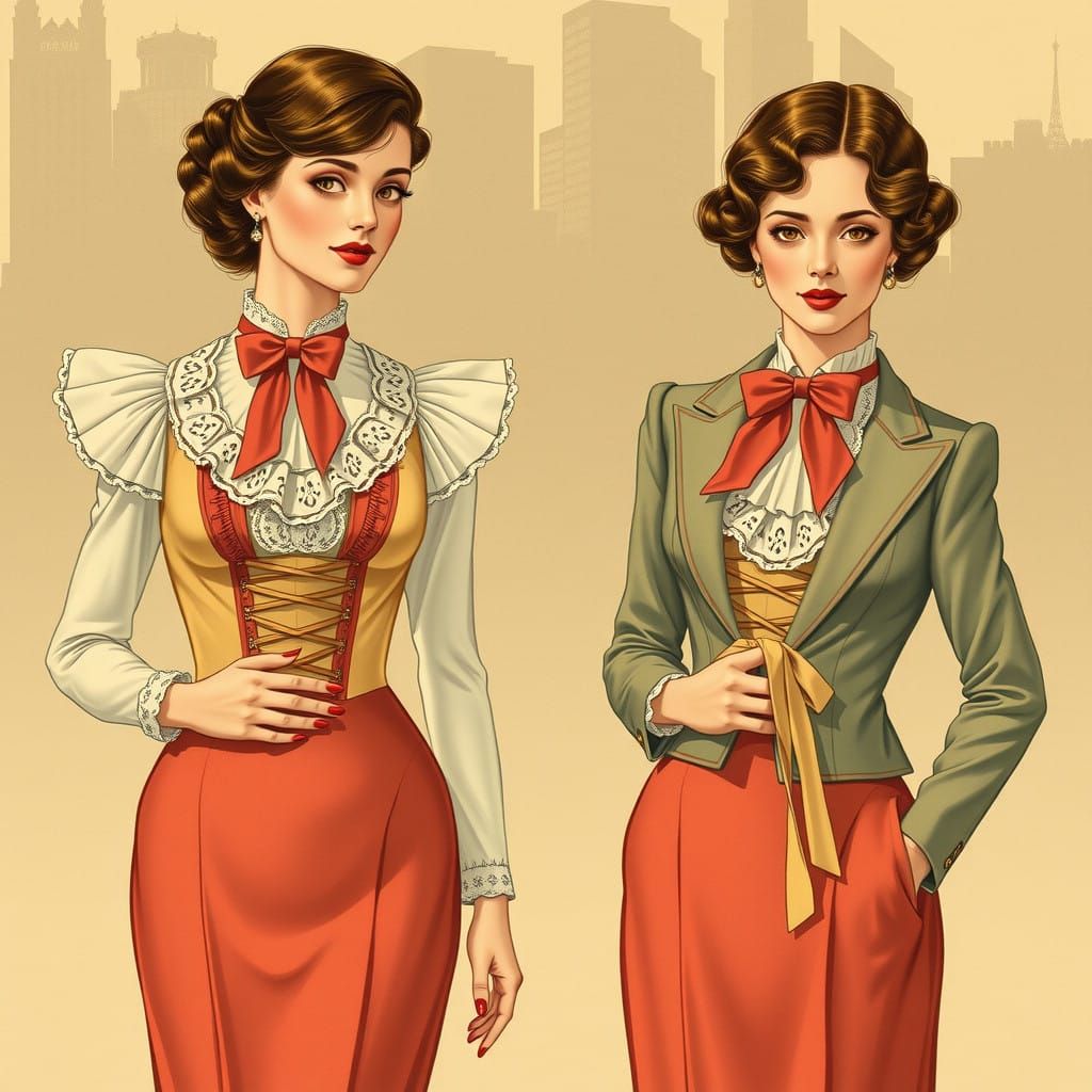 Elegant Women in Art Nouveau-Inspired Gibson Girl Style