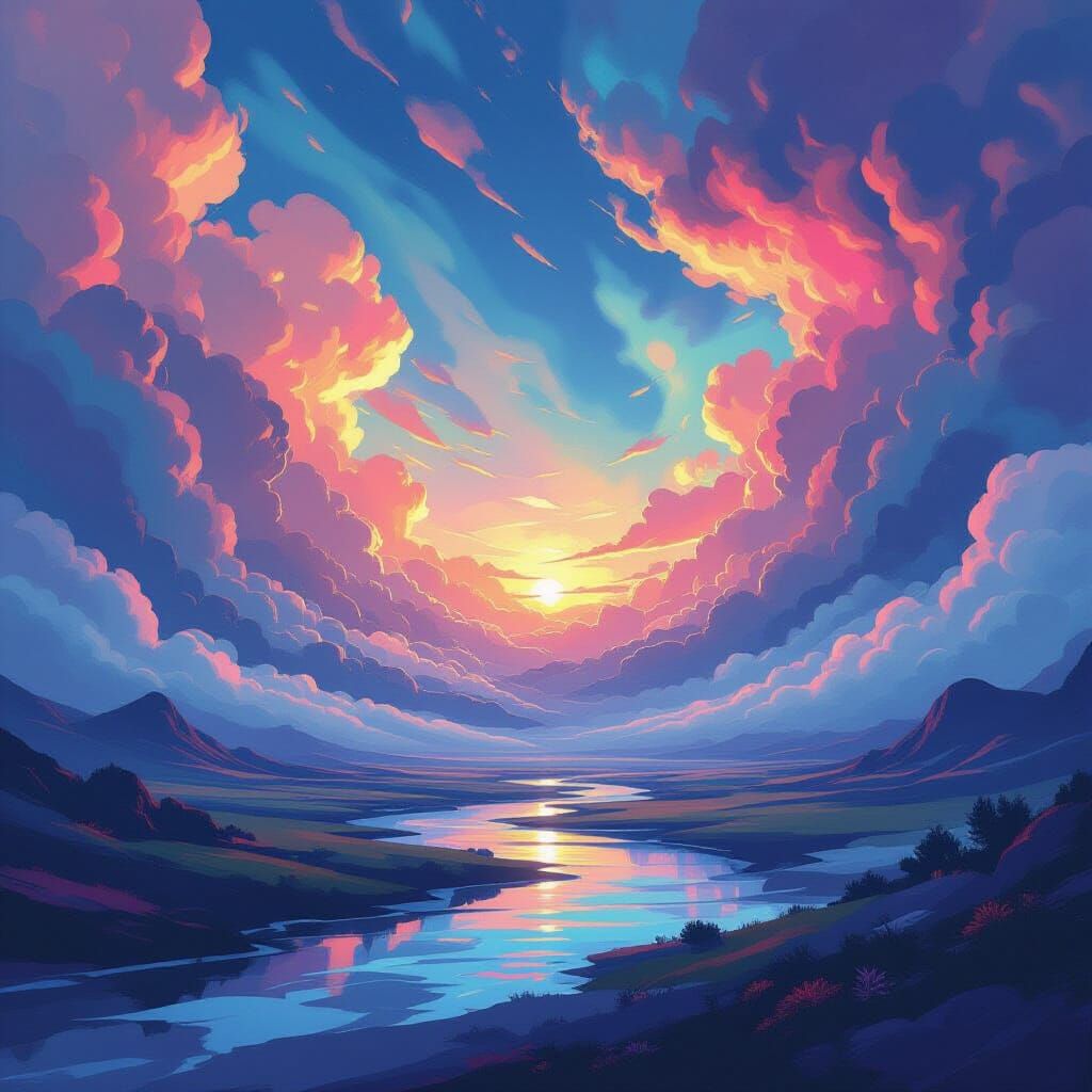 Vibrant Dreamscape with Swirling Clouds in Digital Art Style