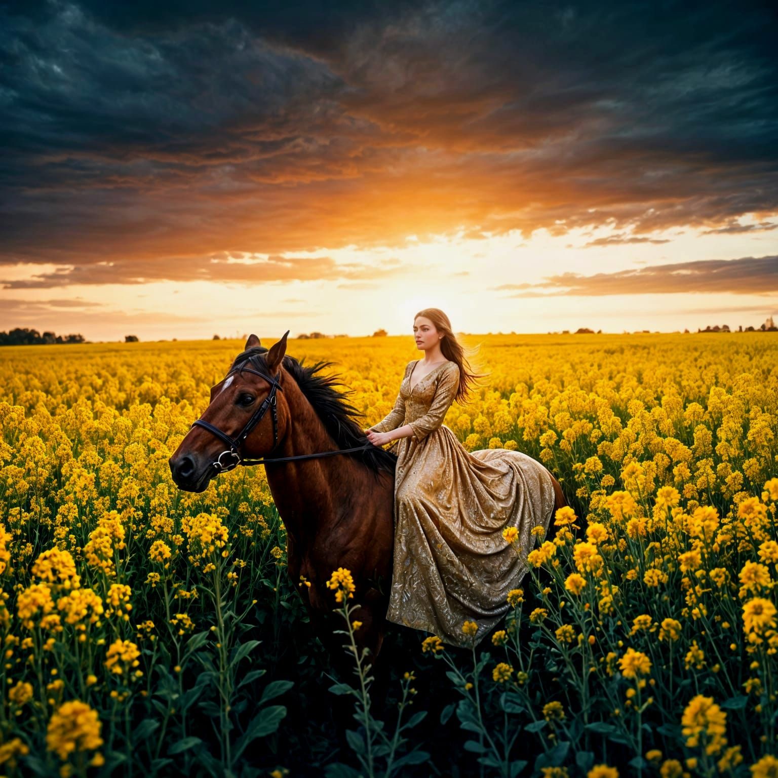 Ethereal Sunset Goddess on Majestic Steed