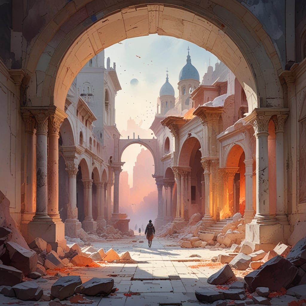 Spartan in Crumbling Temple: Watercolor and Fantasy