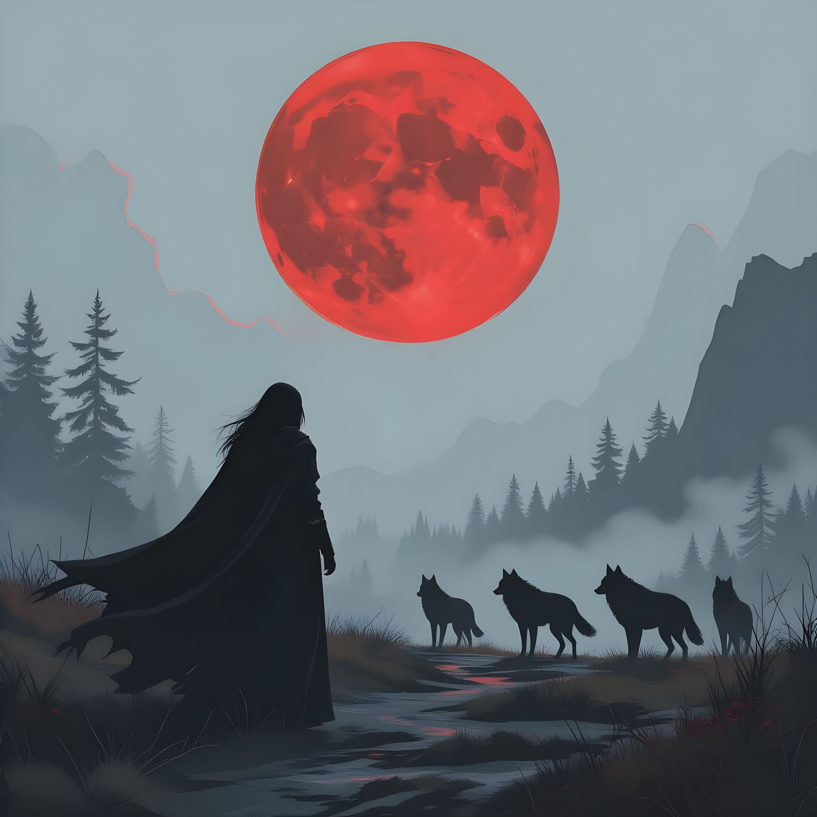 Lone Woman and Wolves in Post-Apocalyptic Landscape