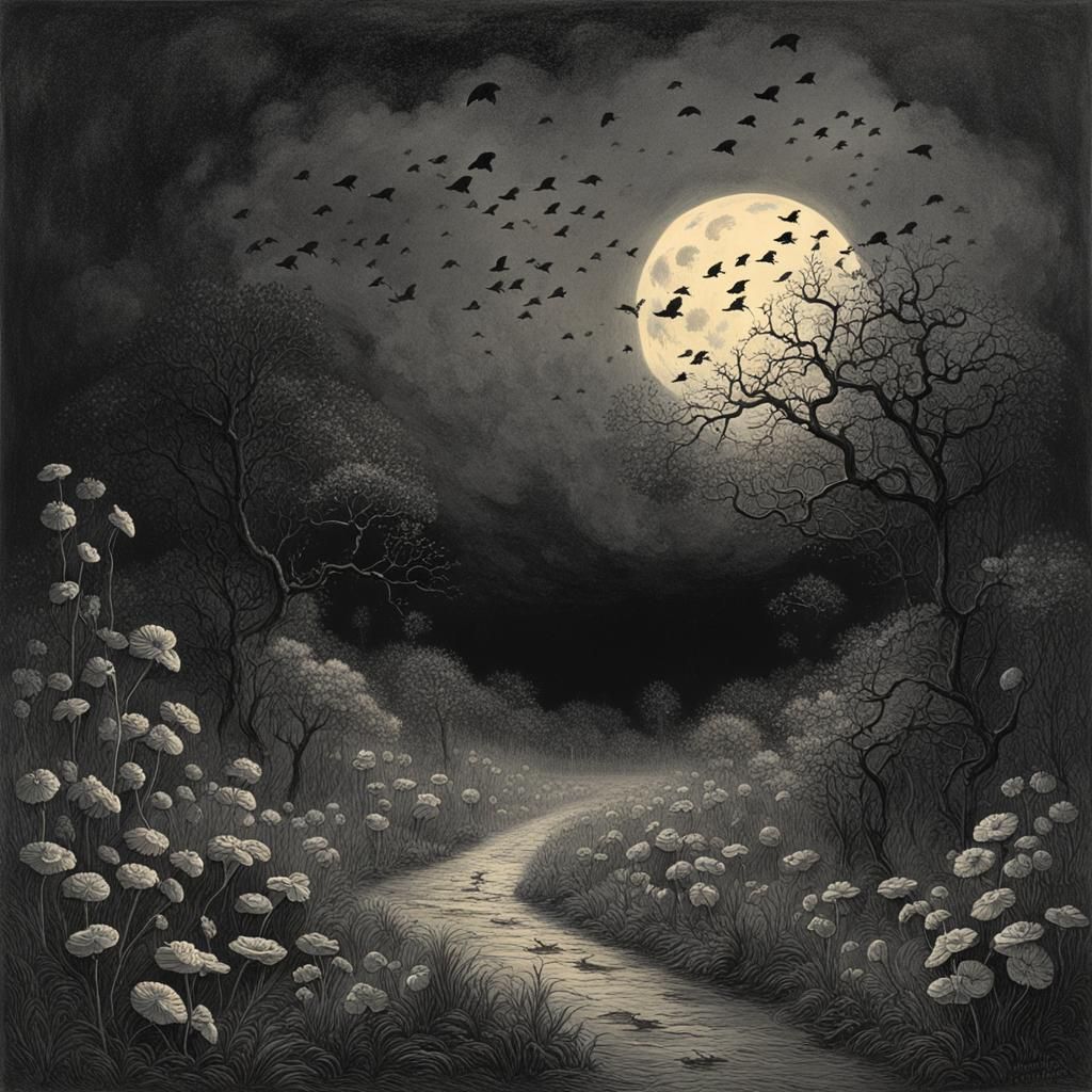 Eerie Dark Landscape with Black Flowers and Birds