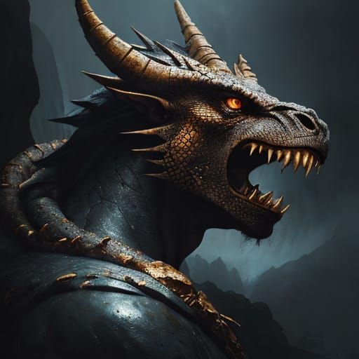 Impasto Painting of Massive Dragon Head with Human Figure