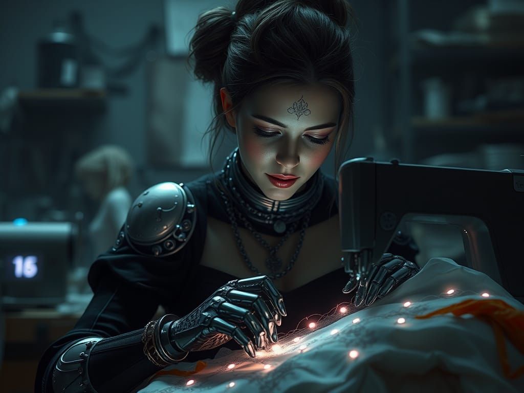 Cyberpunk Seamstress Stitching a Gown with LED Embellishment...
