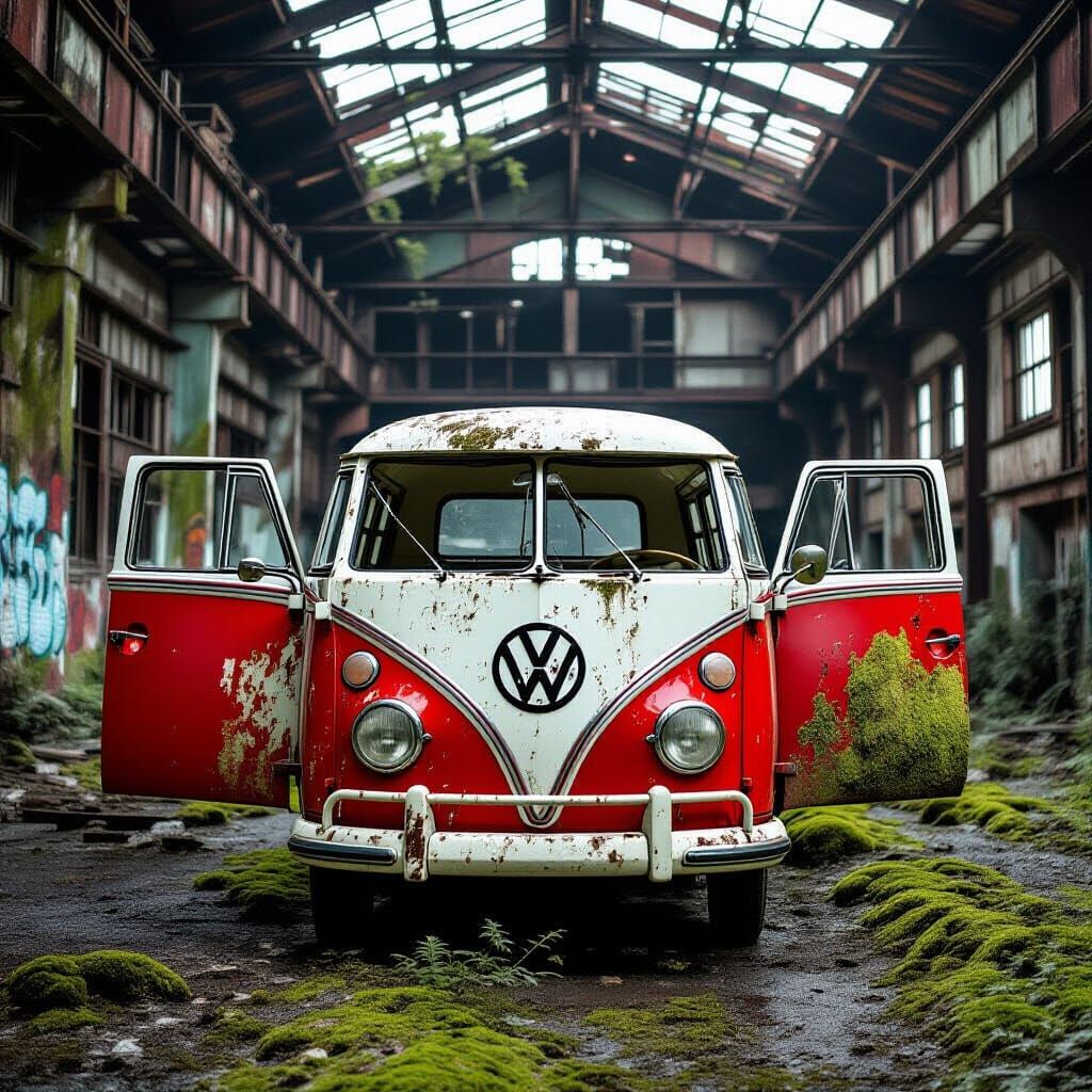 Abandoned Moss-Covered VW Van in Industrial Ruin