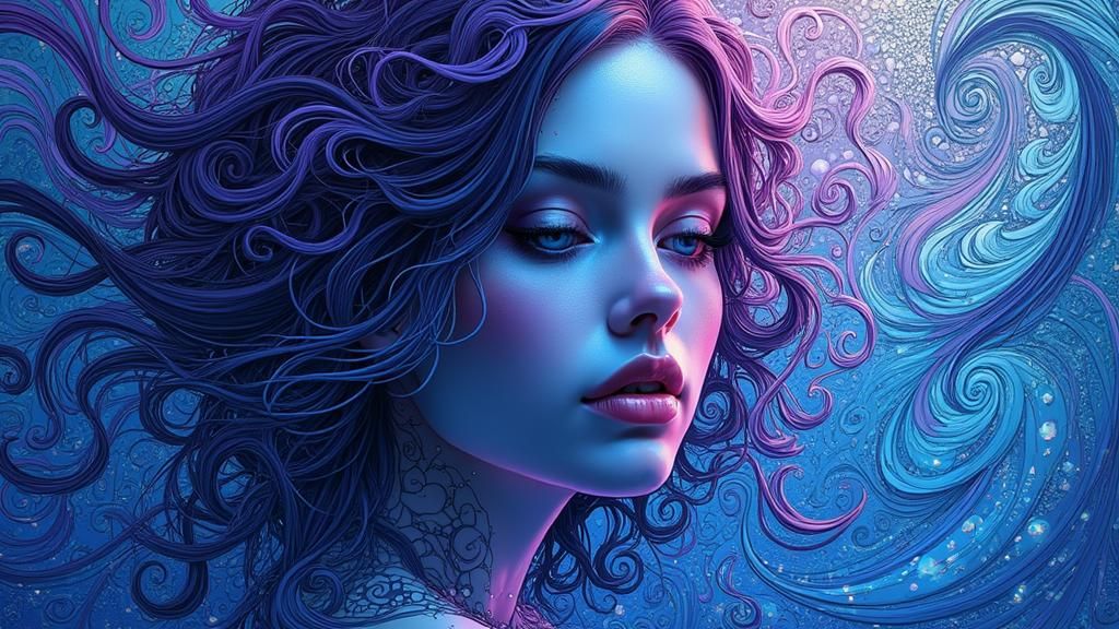 Mesmerizing Abstract Portrait in Iridescent Blues and Purple...