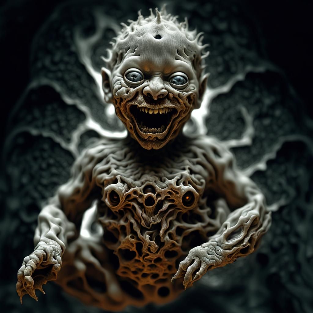 Horrifying Djinni Baby Portrait in Apocalyptic Landscape