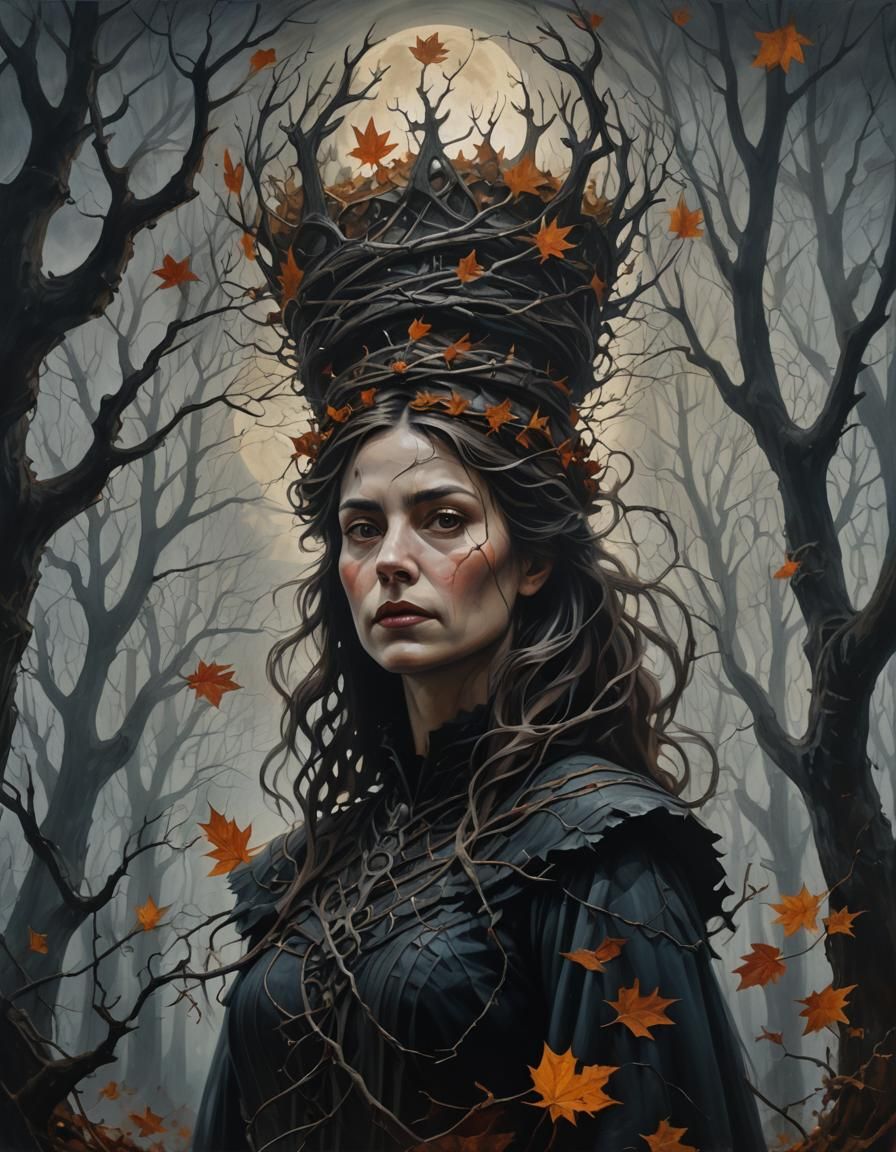 Eerie Woman with Autumn Crown in Moonlit Forest