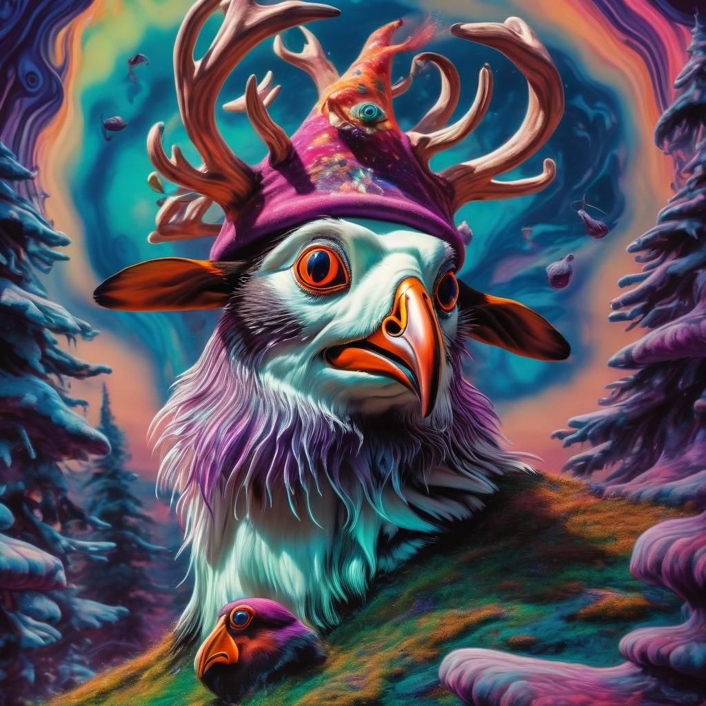 Psychedelic Father Christmas Puffin in Surrealist Style