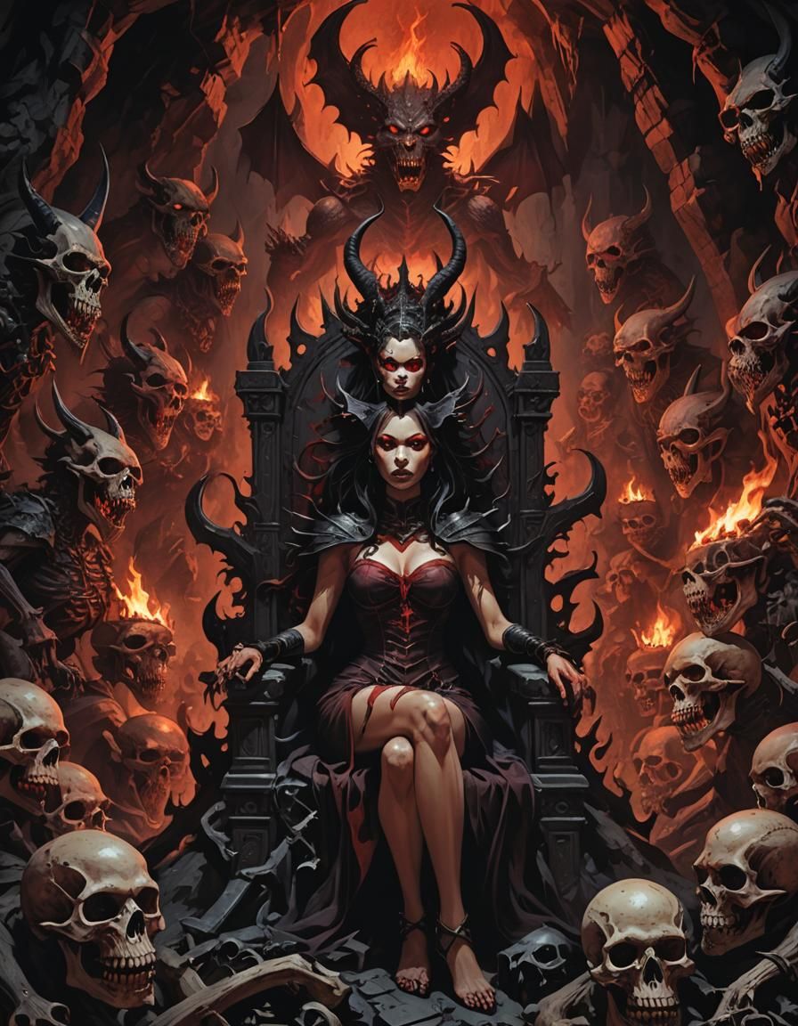 She-Devil on Bone Throne in Infernal Cave