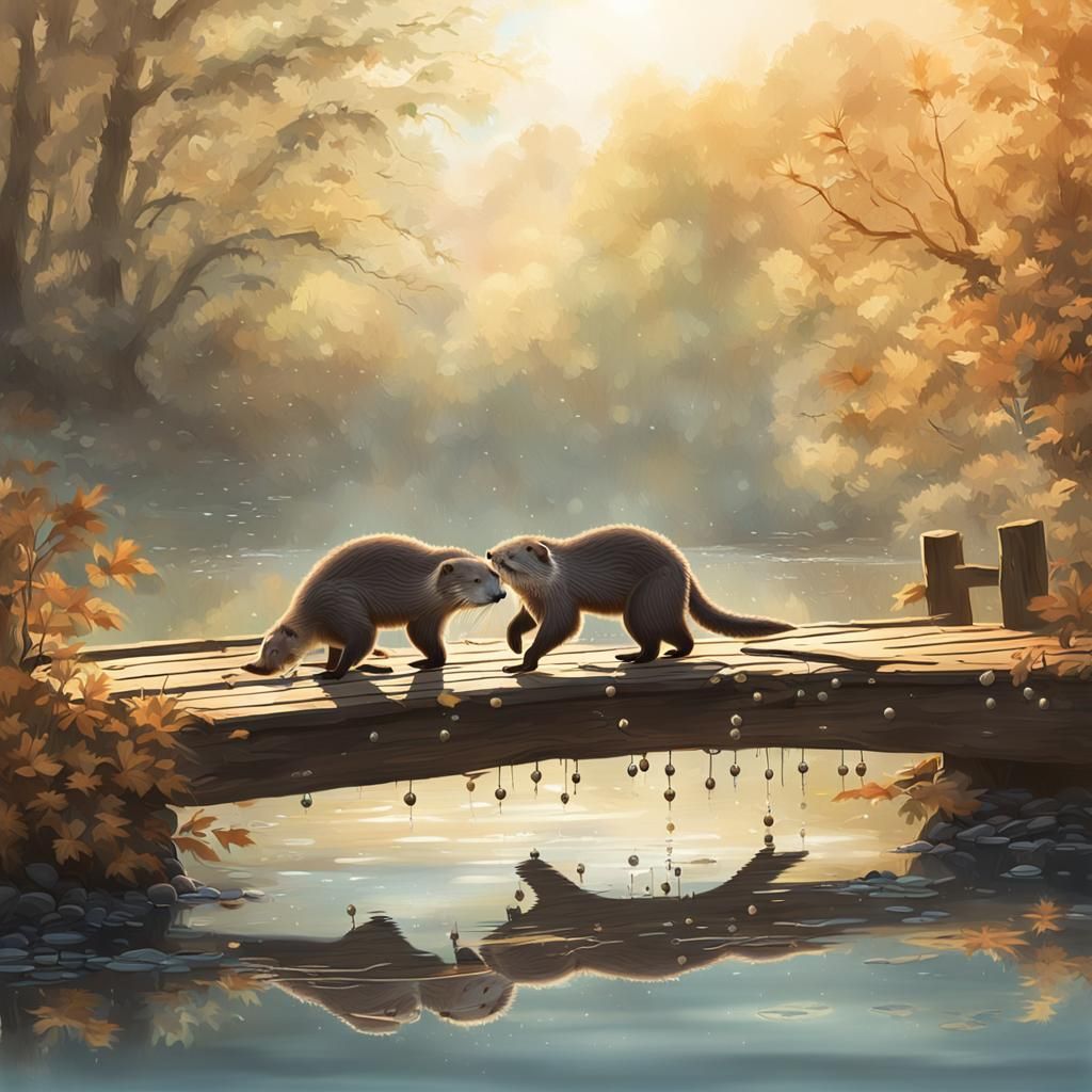 Otters frolicking along a riverbank, whiskers dripped in wat...
