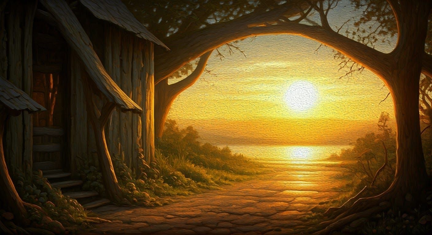 Varied Scene at Golden Hour: An Oil Painting