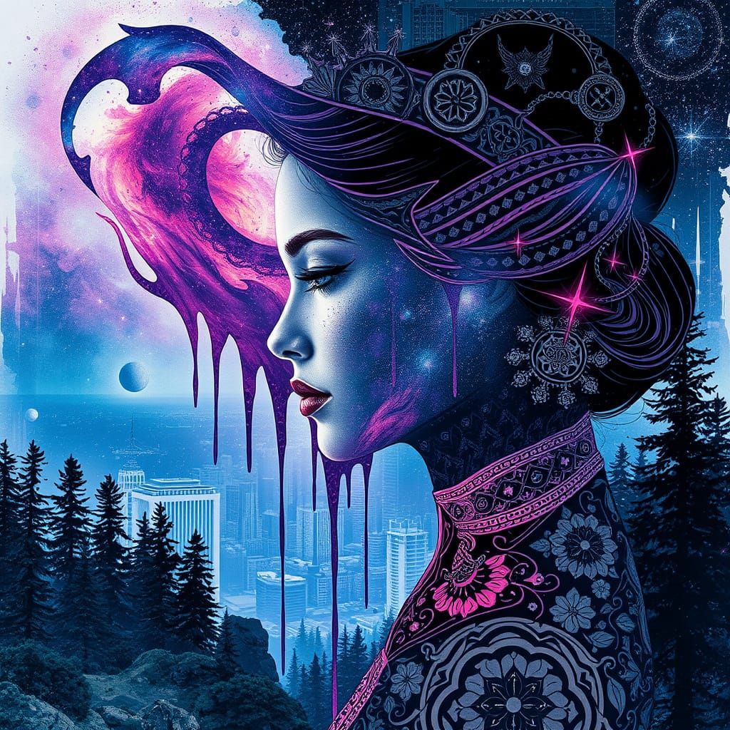 Surreal Cityscape Princess in Dreamlike Galaxy