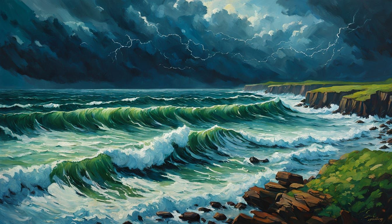 Nature's Symphony Above a Stormy Sea, Oil Painting