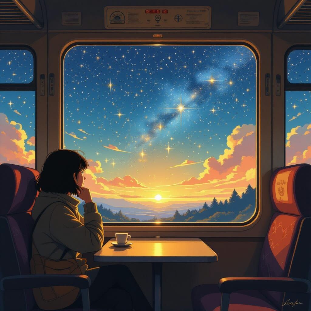 Celestial Train Journey in Anime Style