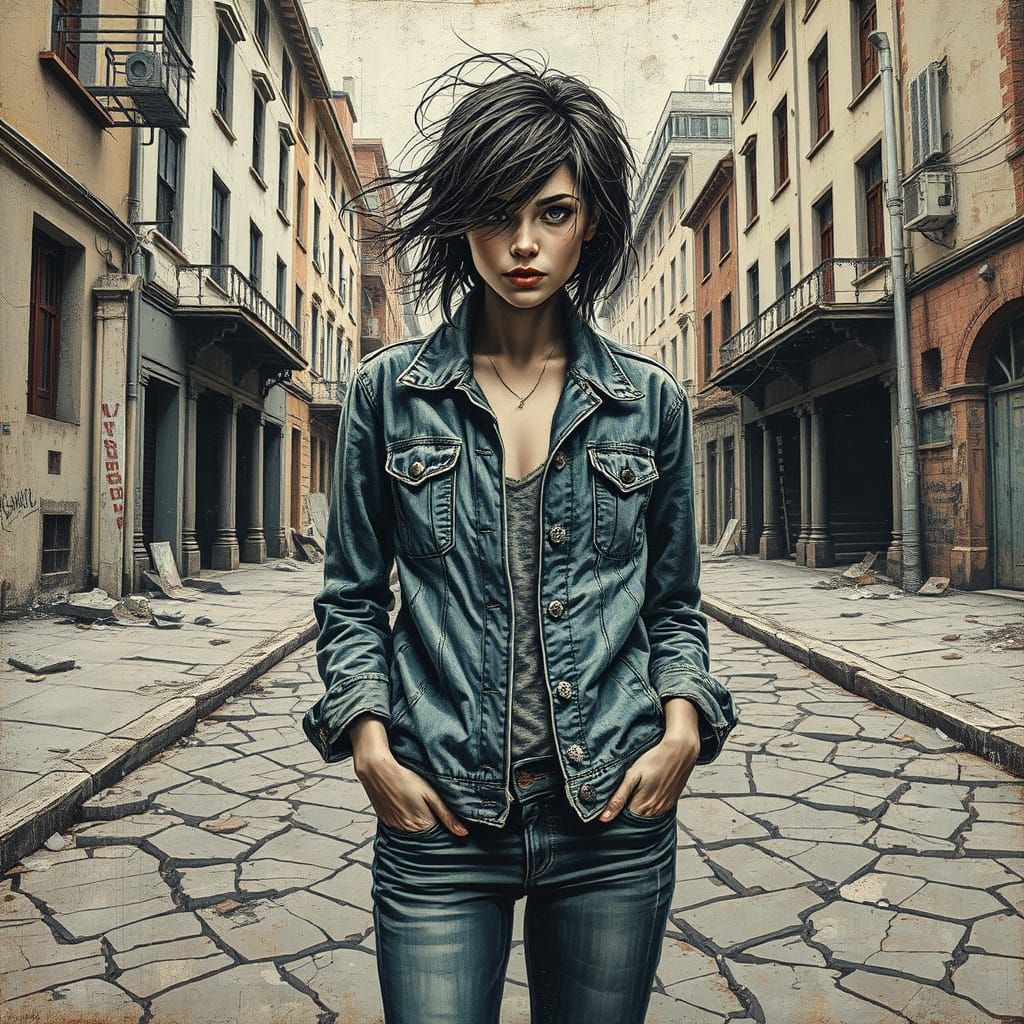 Woman in Distressed Cityscape with Kinesthetic Tension