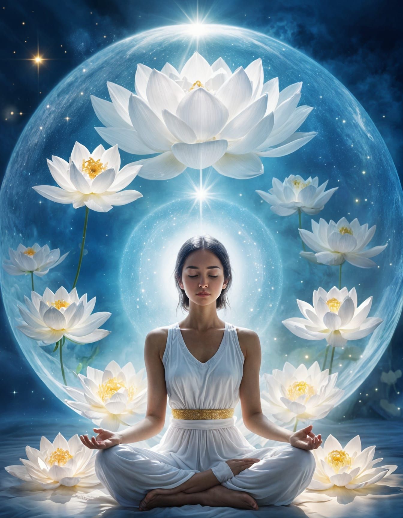 Ethereal Woman Meditating in Luminous Blue Sphere