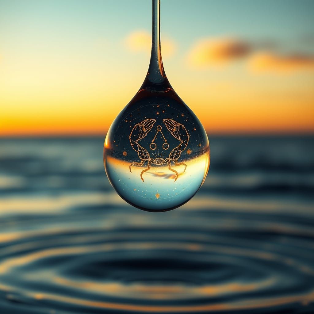 Water Droplet Reflecting Cancer Constellation in Golden Hour...