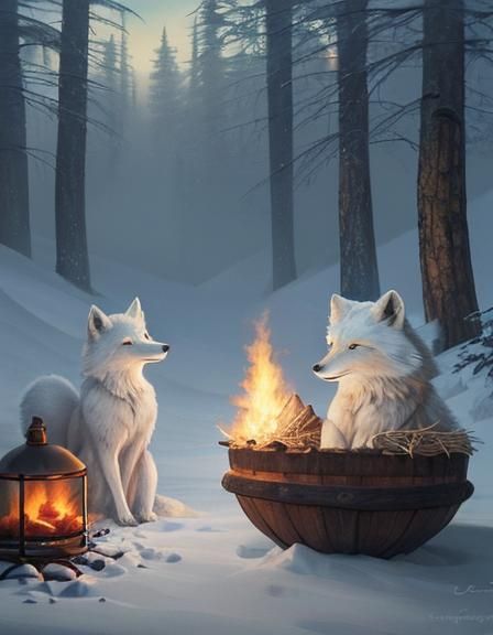 Arctic Fox at Campfire, Whimsical Digital Painting