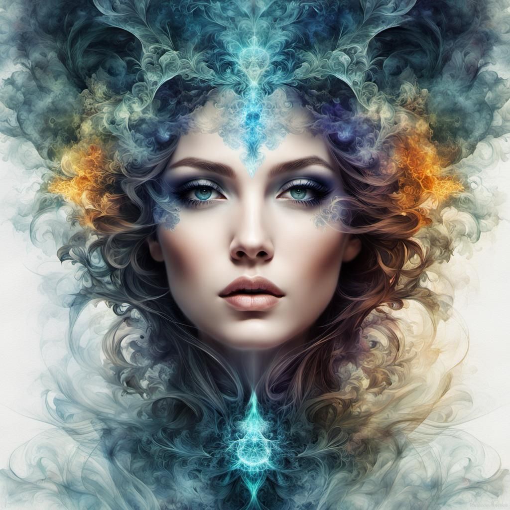 Luminous Fractal Smoke Design with Female Portrait