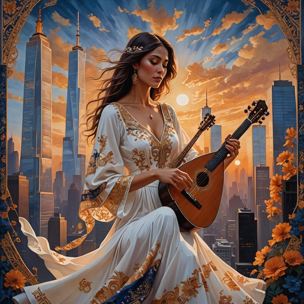 Girl Plays Balalaika with Twin Towers: Matte Painting