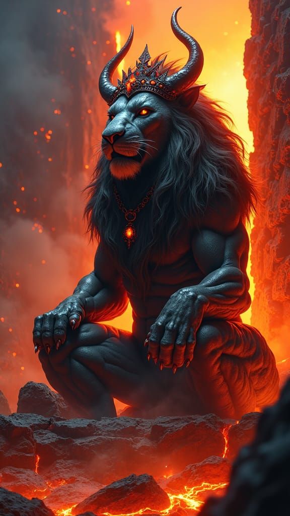 Lion-Demon Hybrid on Volcanic Throne: Dark Fantasy Art